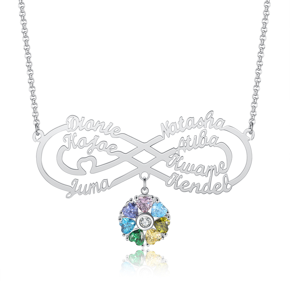 Personalised Infinity Necklace With 7 Birthstones Engraved Names Necklace Gift For Women-Jessemade AU