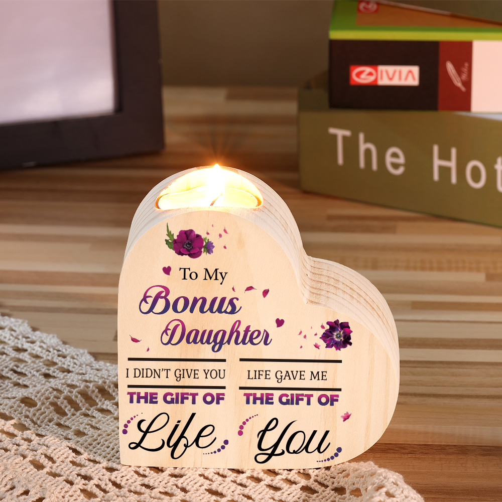 To My Bonus Daughter Violet Flower Heart Candle Holder "Life Gave Me The Gift of You" Wooden Candlestick-Jessemade AU