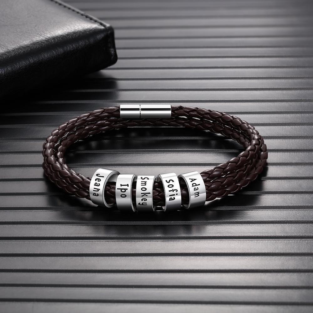 Braided Leather Personalised Name 5 Beads Men's Bracelets Best Gifts For Him Best Gift For Dad-Jessemade AU