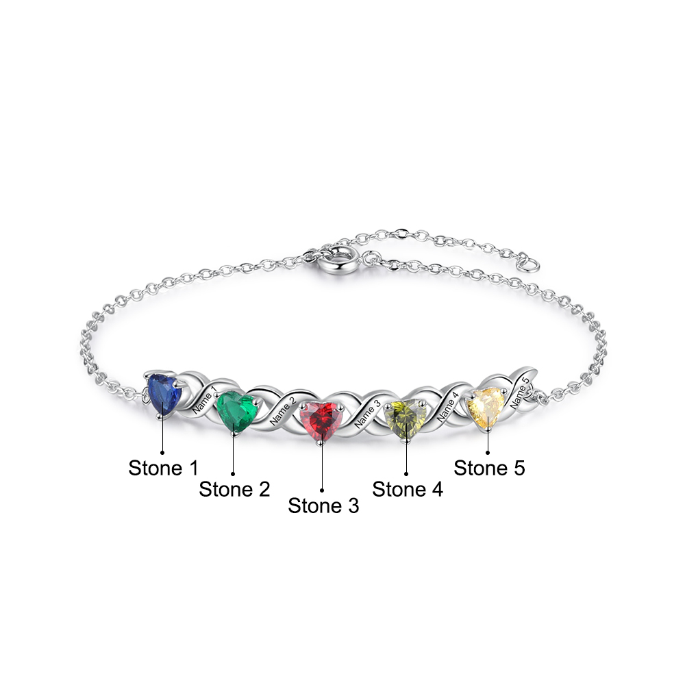 Custom Heart Birthstone Jewelry Set Necklace Bracelet for Family Personalised with 5 Names 5 Birthstones-Jessemade AU
