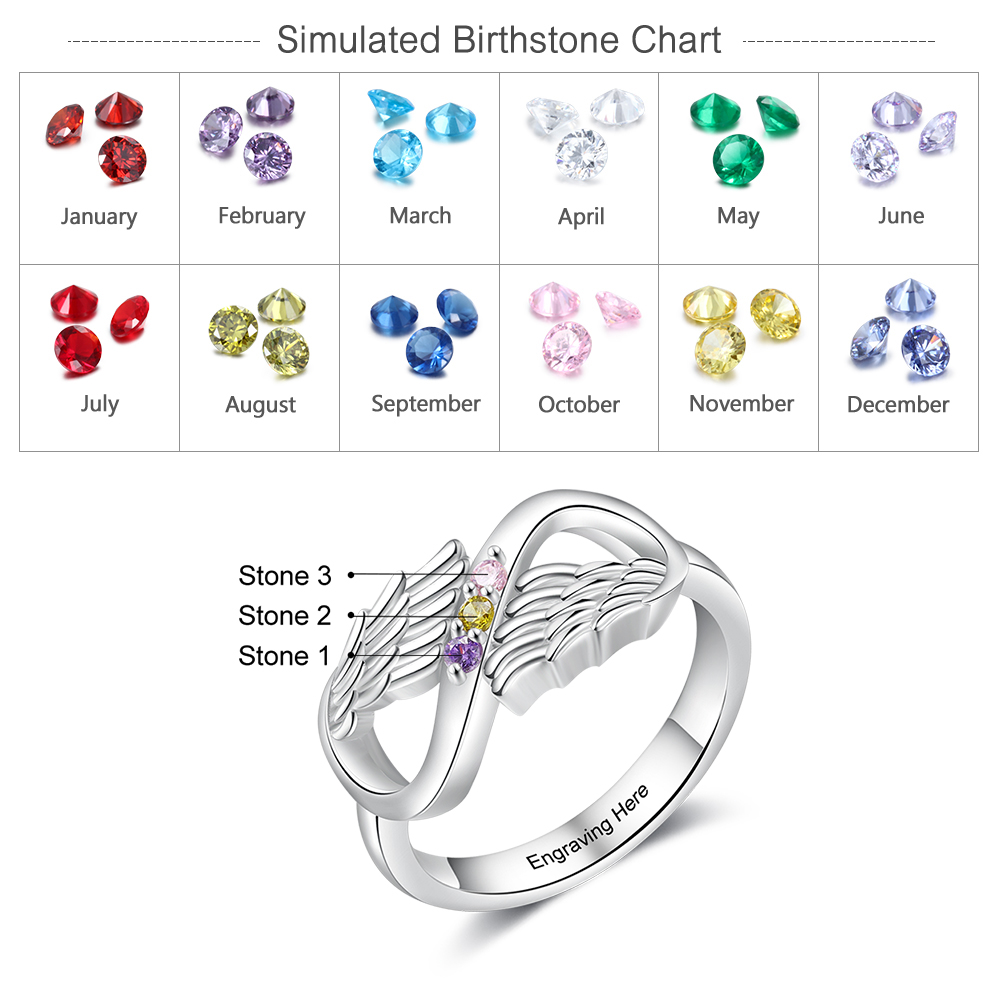 Personalised 3 Birthstones Ring Engraved Names Angel Wings Ring Gifts for Her-Jessemade AU