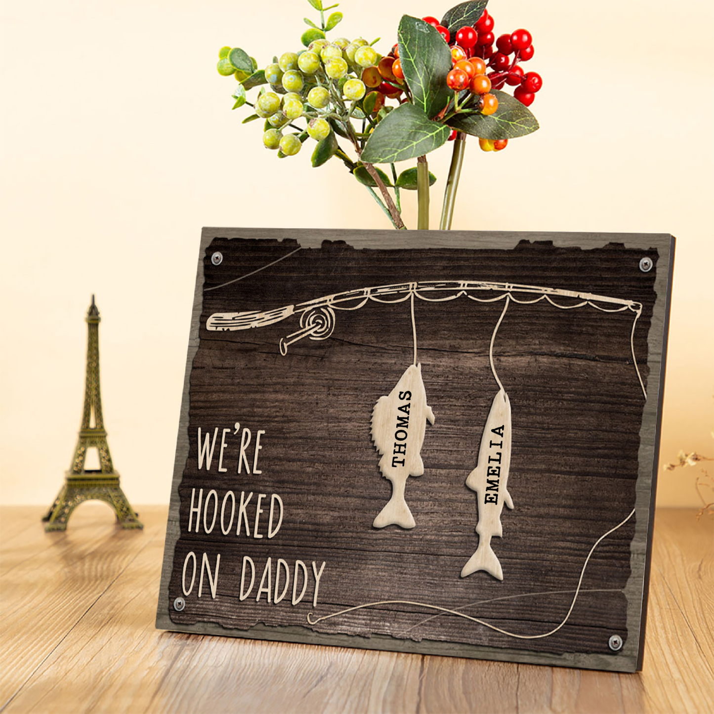 Father's Day Gifts Wood Signs Engrave 2 Names Frame Keepsake -We've Hooked On Daddy-Jessemade AU