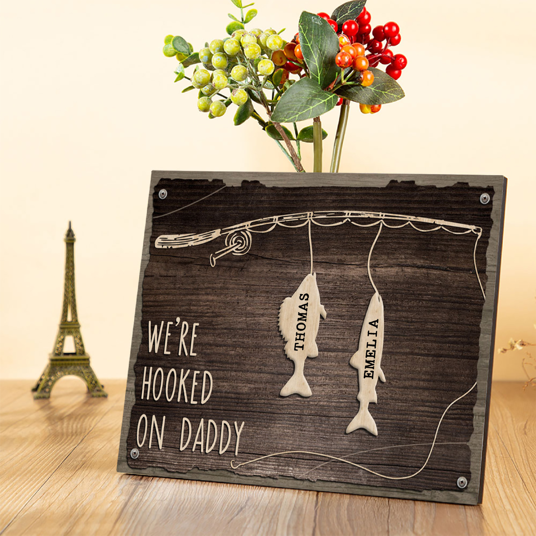 Father's Day Gifts Wood Signs Engrave 2 Names Frame Keepsake -We've Hooked On Daddy-Jessemade AU