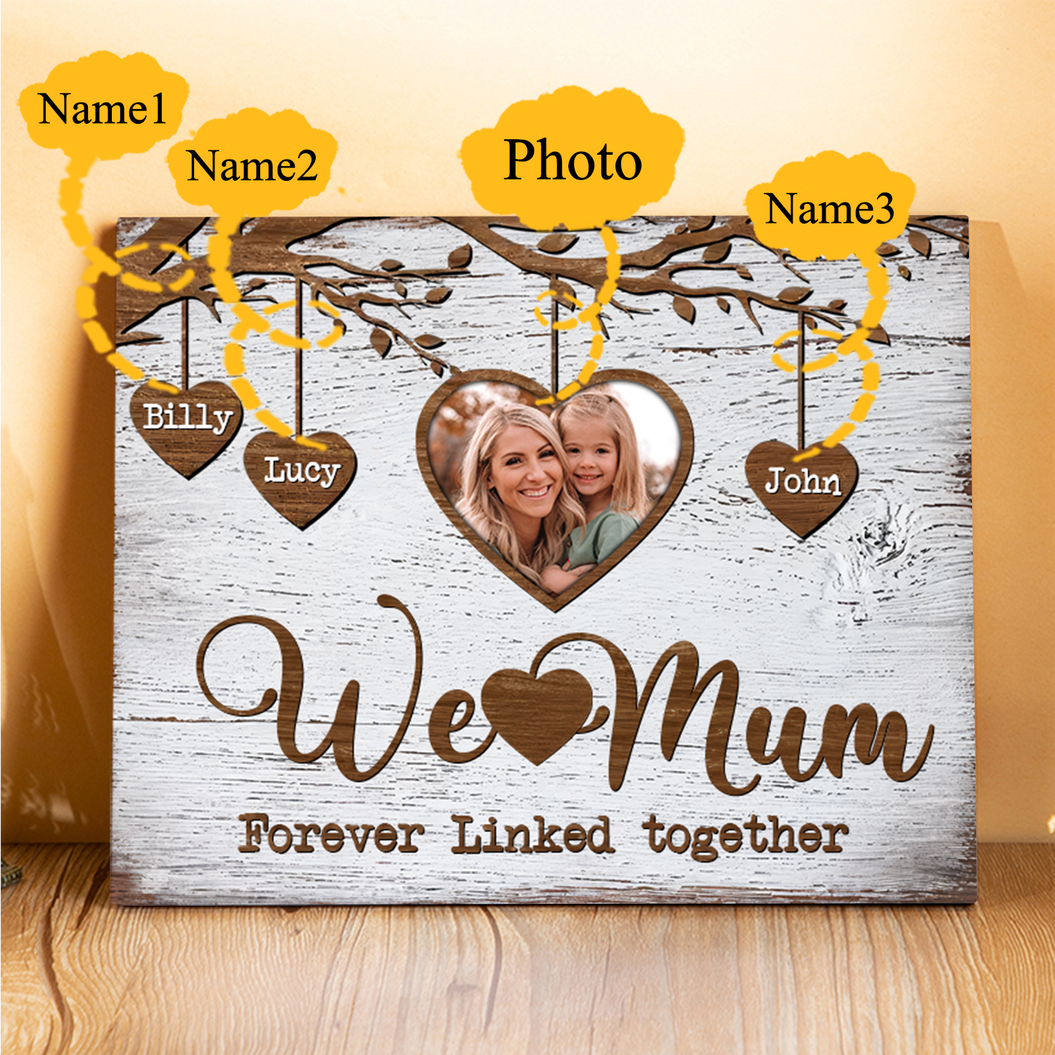Personalised 3 Names & 1 Photo Wooden Plaque Custom Family Tree Home Decor Mother's Day Gifts - We Love Mum, Forever Linked Together-Jessemade AU