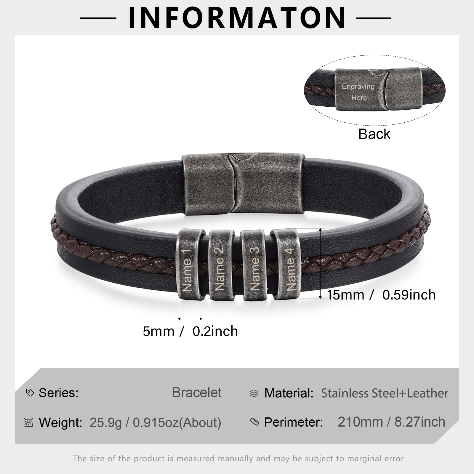4 Names - Personalised Men's Leather Bracelet Custom Text Beaded Bracelets Vintage Gift for Him