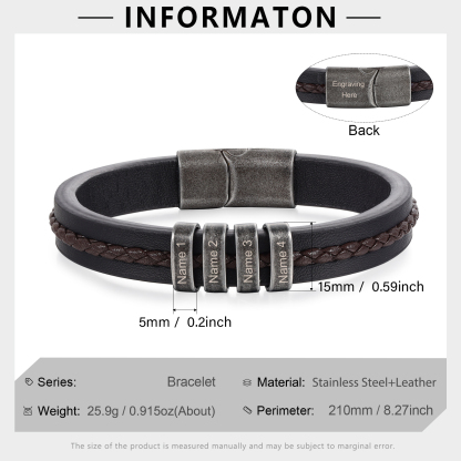 4 Names - Personalised Men's Leather Bracelet Custom Text Beaded Bracelets Vintage Gift for Him