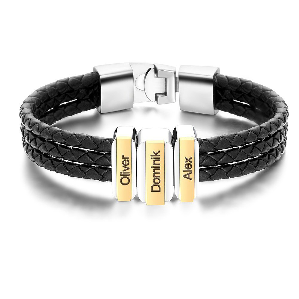 Mens Leather Bracelet with Customised Beads Personalised Three Layer Bracelet Engraved 3 Names-Jessemade AU