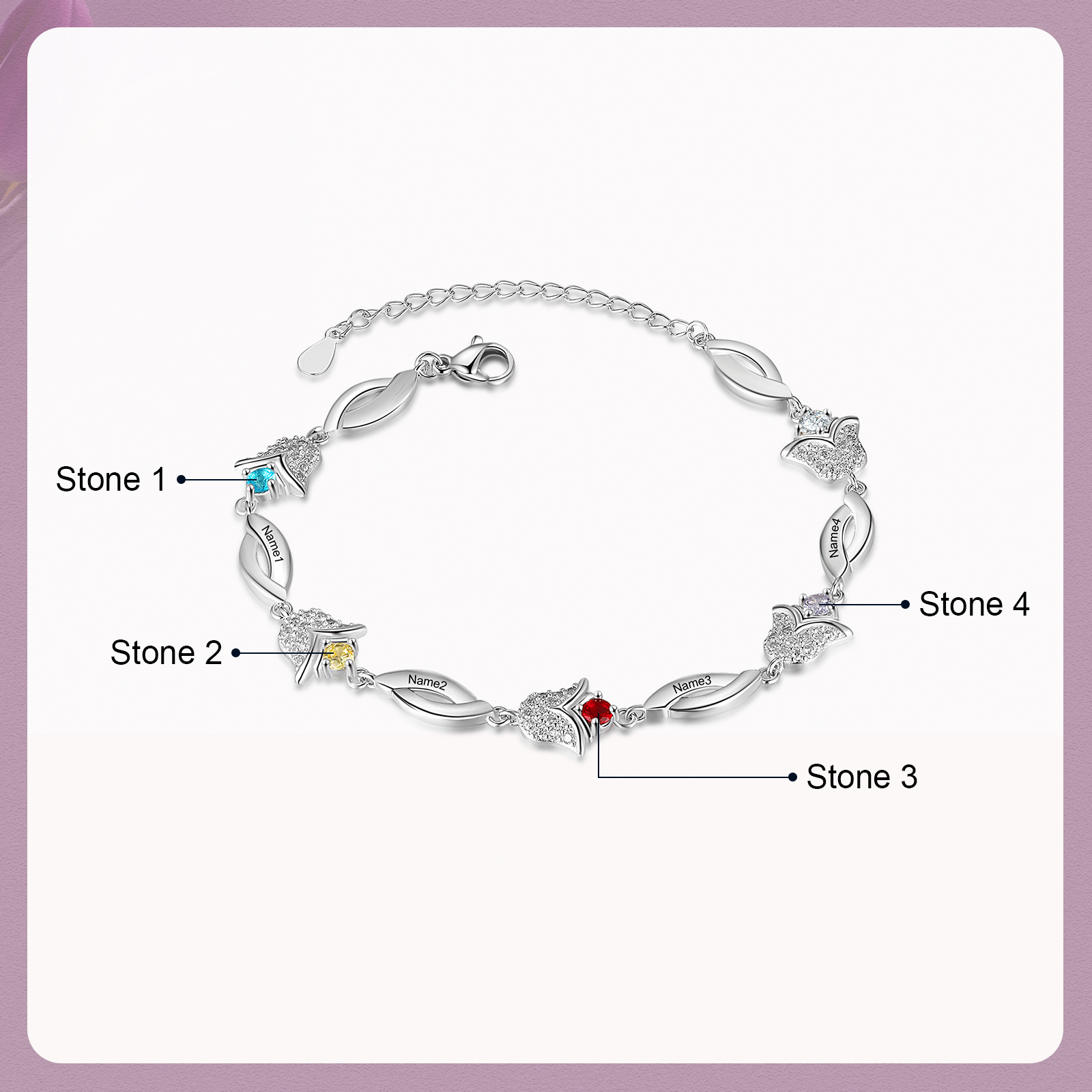 Flowers Series Personalised Tulip Bracelet With 4 Birthstone Engraved Names Flowers Charm Gifts For Her-Jessemade AU