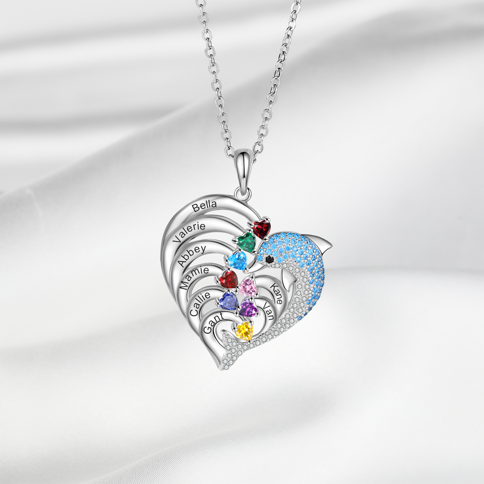 Personalised Heart Dolphin Necklace With 8 Birthstones Engraved Names Necklace Gift For Her-Jessemade AU