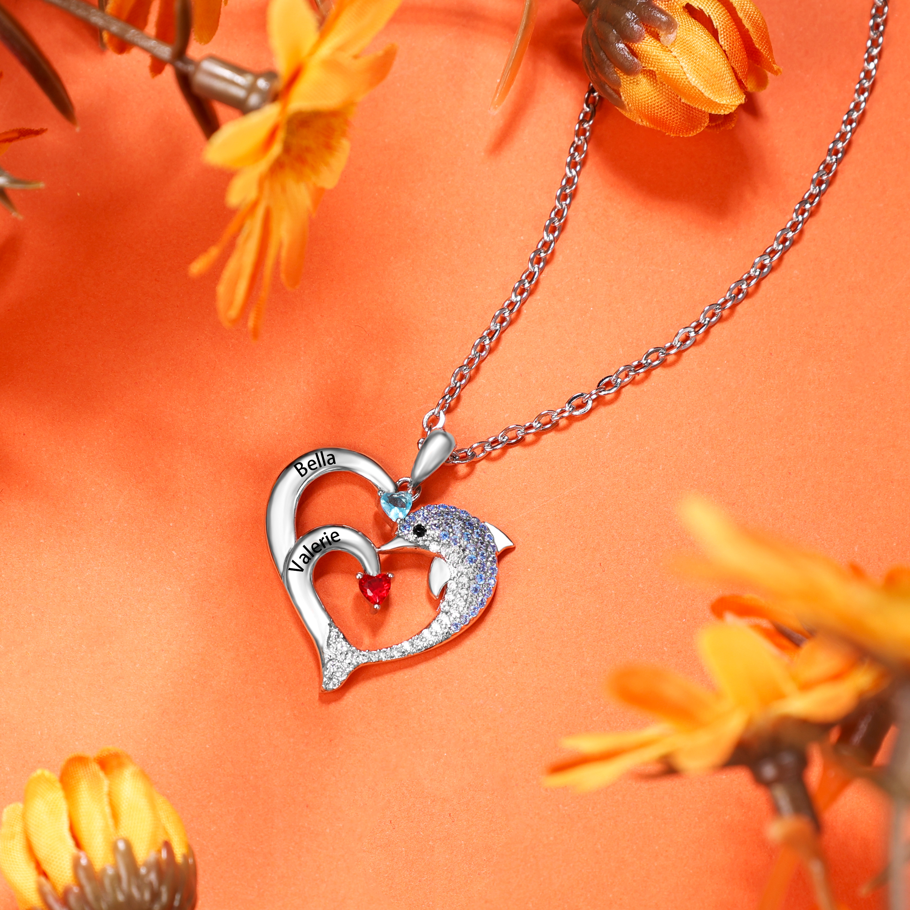 Personalised Heart Dolphin Necklace With 2 Birthstones Engraved Names Gift For Her-Jessemade AU