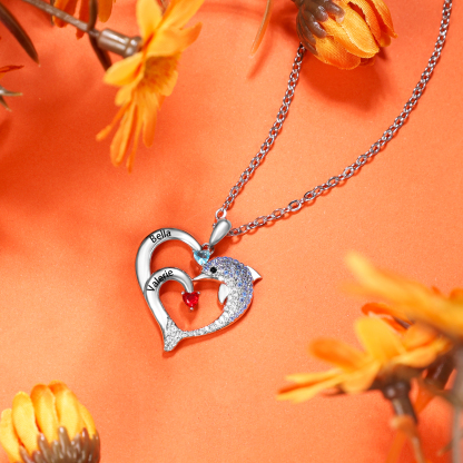 Personalised Heart Dolphin Necklace With 2 Birthstones Engraved Names Gift For Mum-Jessemade AU