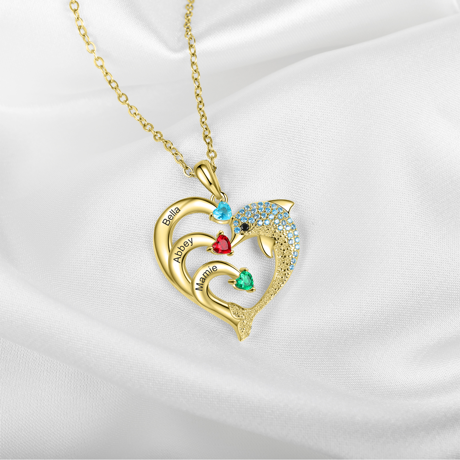 Personalised Heart Dolphin Necklace With 3 Birthstones Engraved Names Gift For Her-Jessemade AU