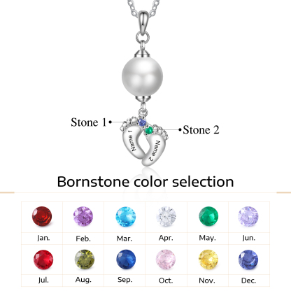 Personalised Baby Feet Pearl Necklace Custom 2 Names & Birthstones Mother Necklace-Jessemade AU