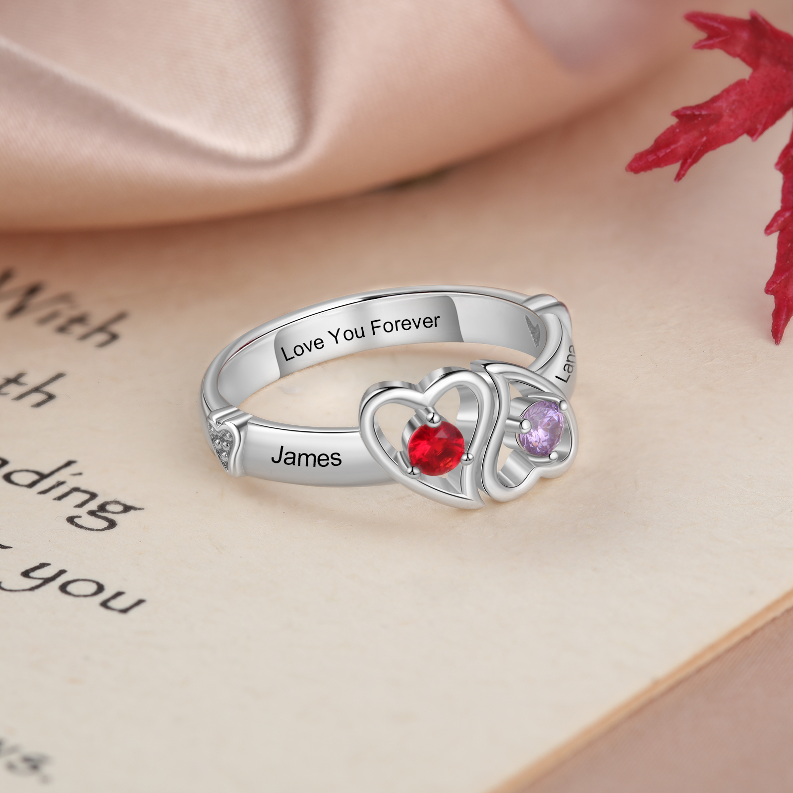 Personalised Heart Ring With 2 Birthstones Engraved Names Ring Gift For Women-Jessemade AU