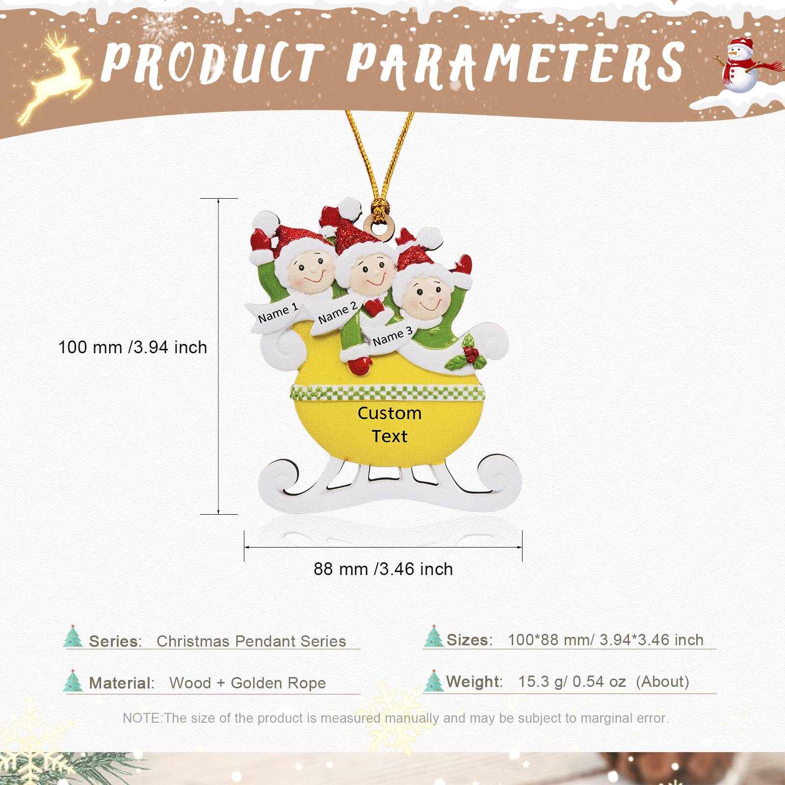 3 Names - Personalised Yellow Sleigh Family Christmas Ornament Customised Name & Text Wooden Hanging Ornaments Christmas Gift for Family-Jessemade AU