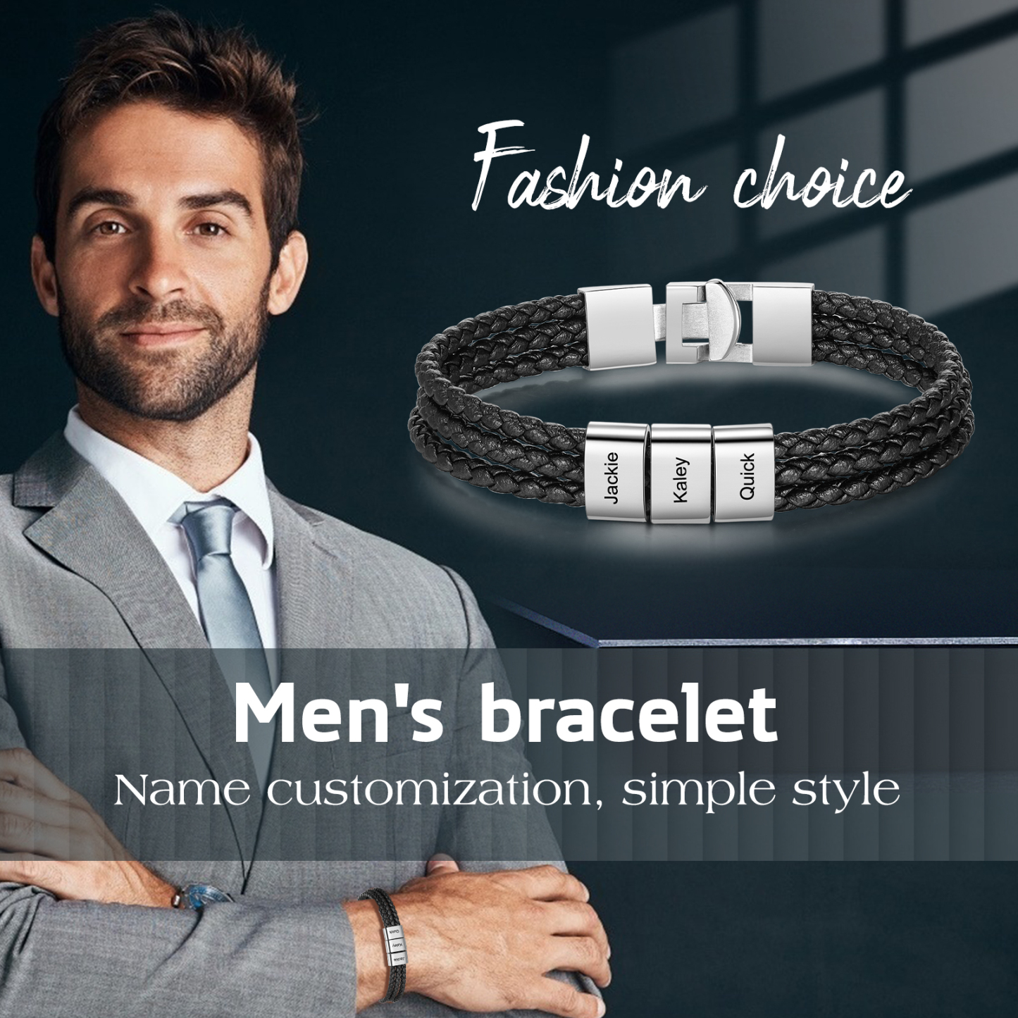Personalised Braided Leather Bracelet Engraved 3 Names Men's Bracelet Gifts For Him-Jessemade AU