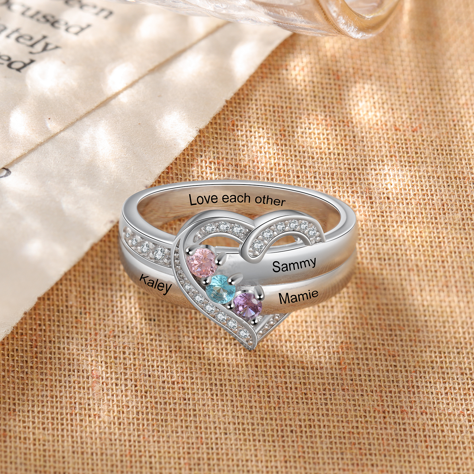 S925 Silver Personalised Mother Ring with 3 Birthstones Heart Family Ring-Jessemade AU