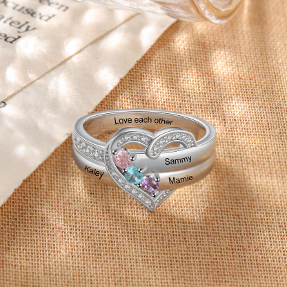 S925 Silver Personalised Mother Ring with 3 Birthstones Heart Family Ring-Jessemade AU