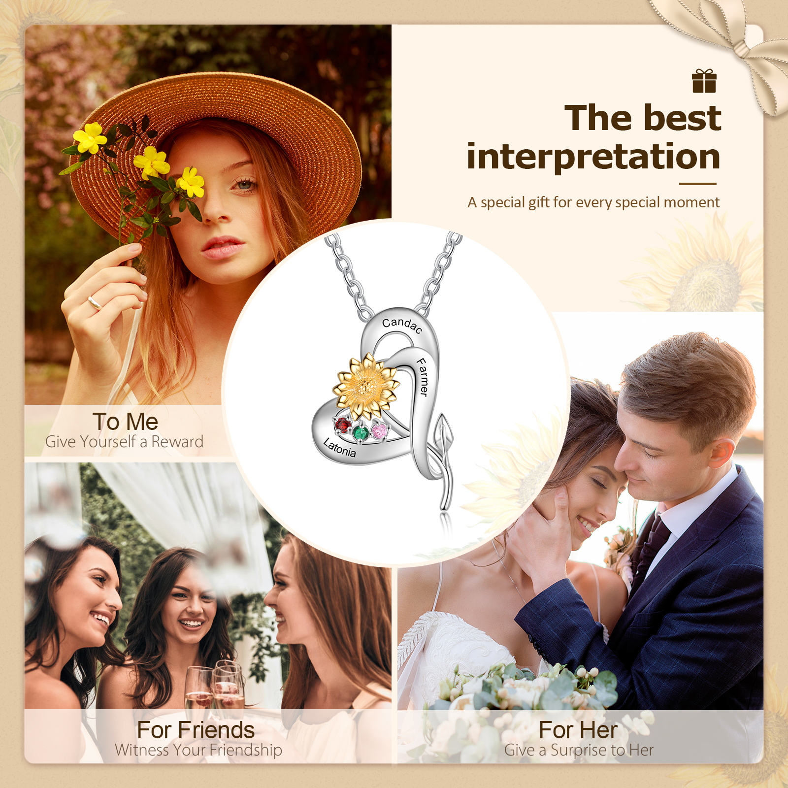 Personalised Sunflower Necklace With 3 Birthstones Engraved Names Necklace Gift For Women-Jessemade AU