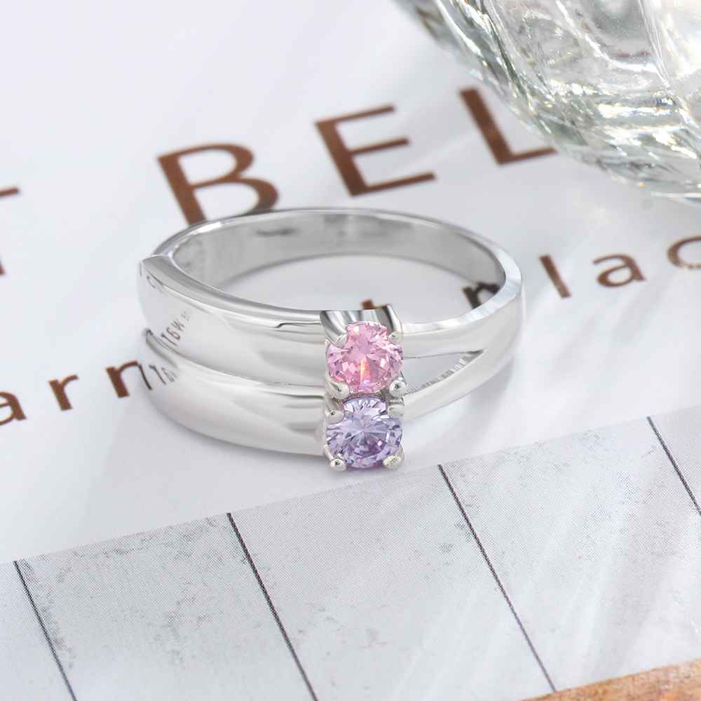 S925 Silver Ring Personalised 2 Birthstones Promise Ring With Names Gifts For Her-Jessemade AU