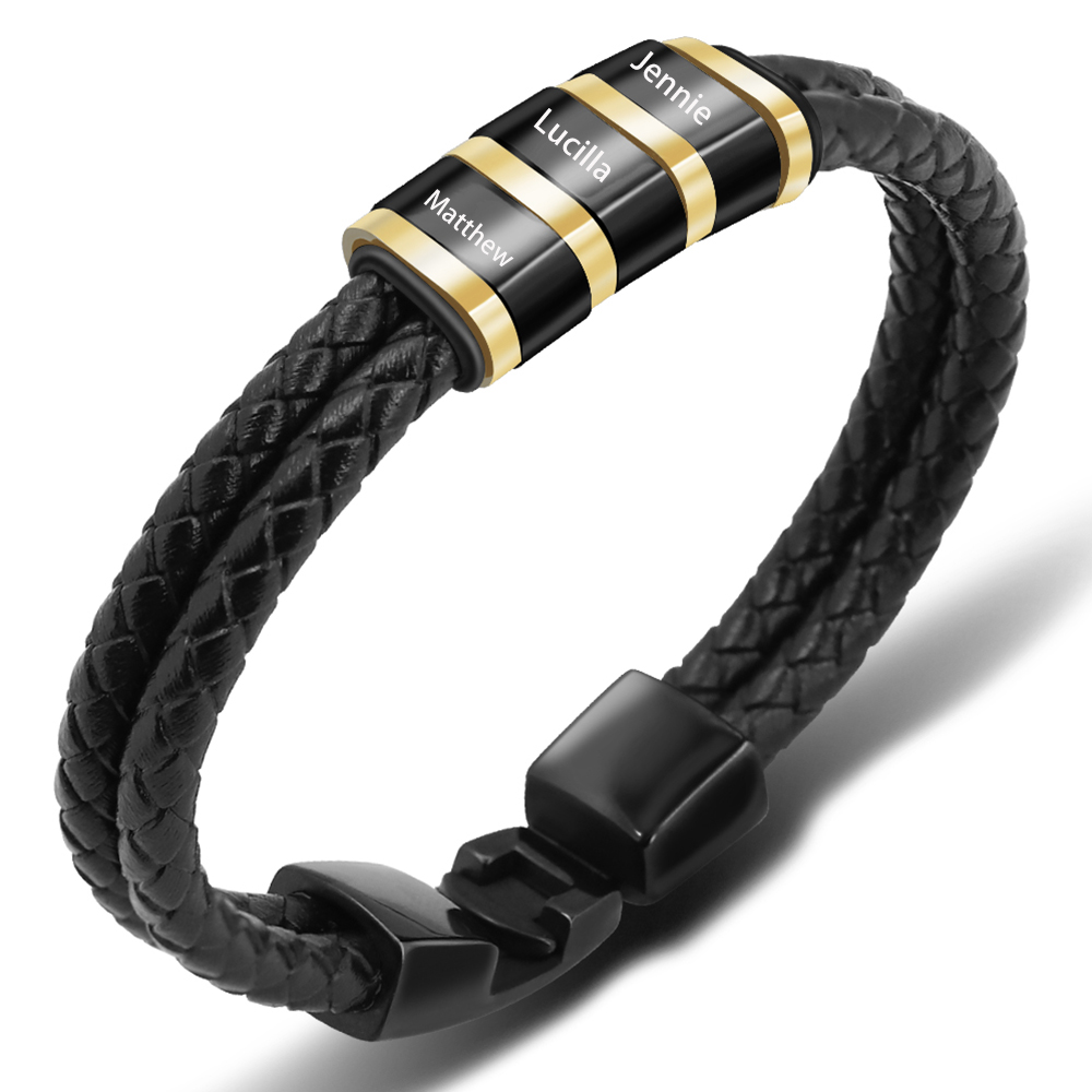 Personalised Braided Leather Bracelet Engraved 3 Names Men's Bracelet Gifts For Him