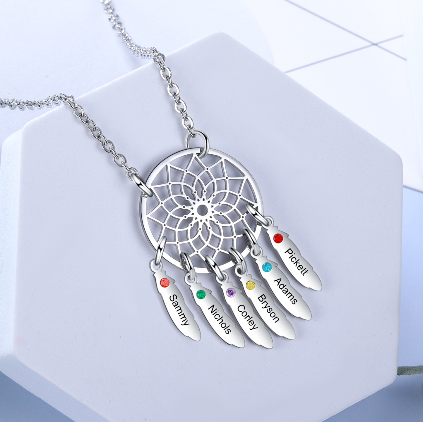 Personalised Dream Catcher Necklace With 6 Birthstones Engraved Names Gift For Women-Jessemade AU