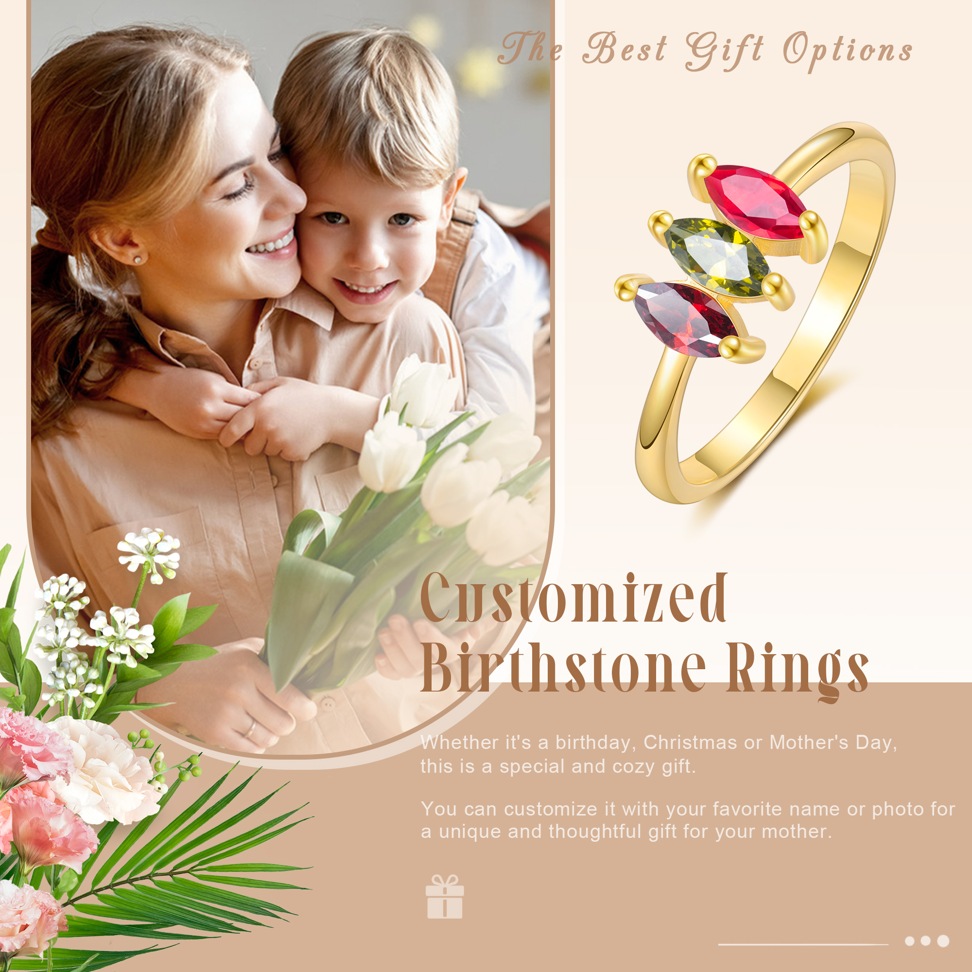 Personalised Women's Ring Custom 3 Birthstones Ring Gold Birthday Gift for Her-Jessemade AU
