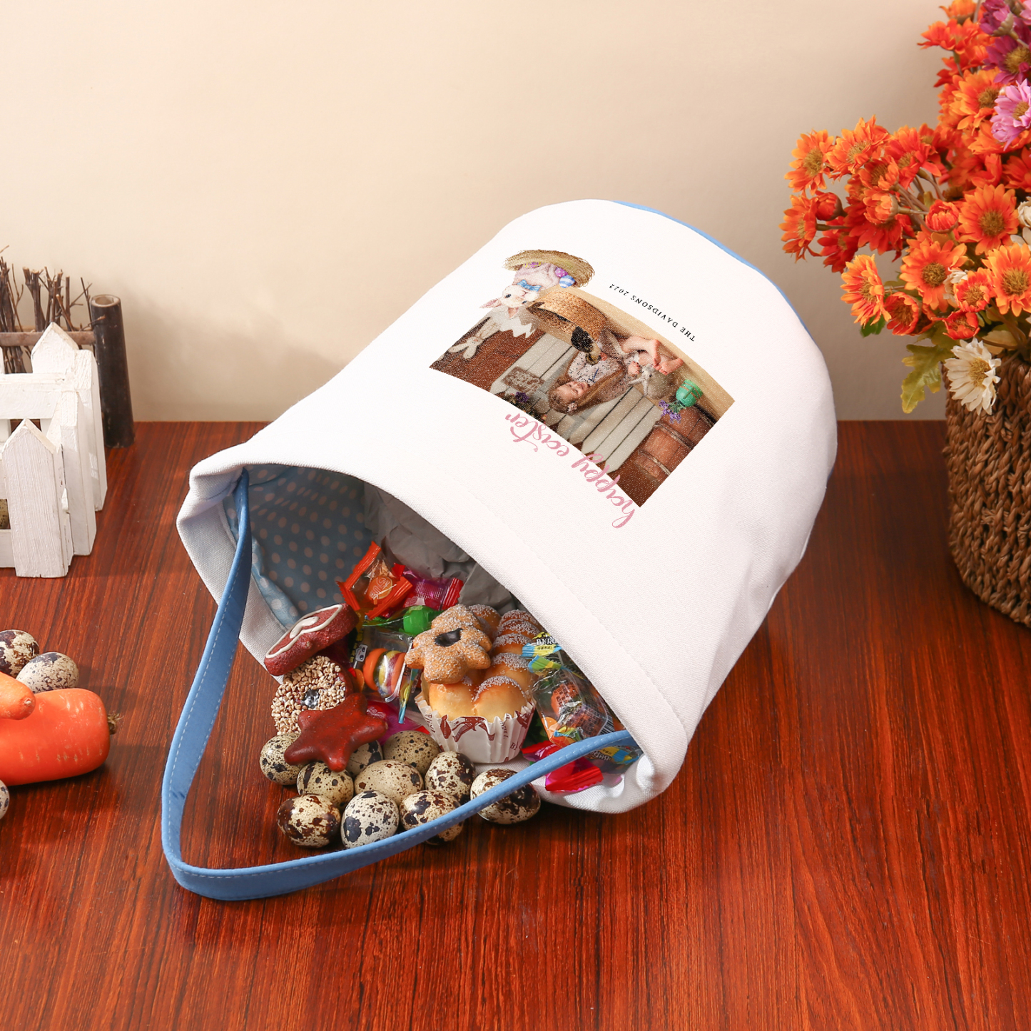 Easter Bunny Tote Bag Personalised Photo & 2 Texts Bucket Bag White Basket Gifts For Kids-Jessemade AU