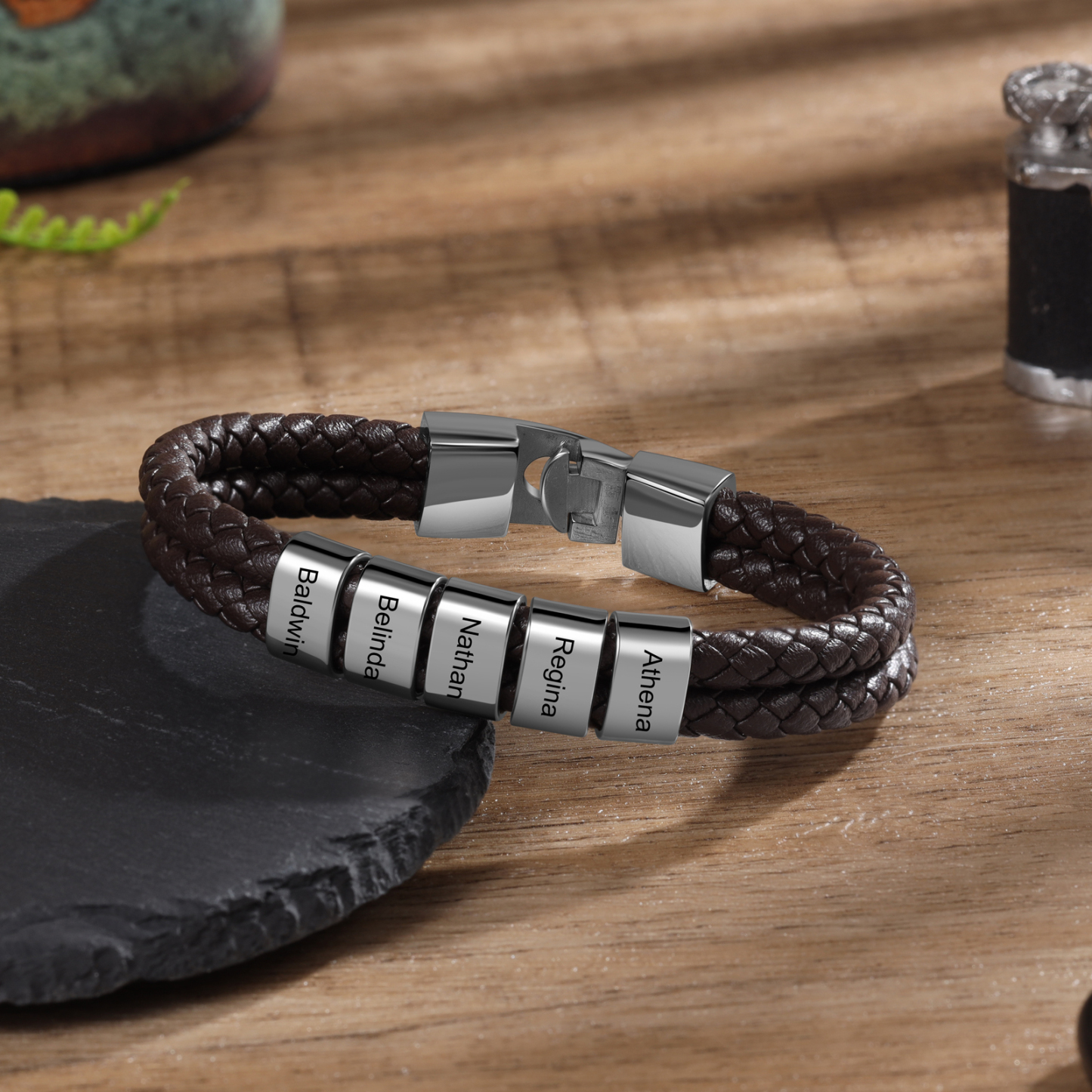 Brown Personalised Double Layered Braided Leather Bracelet Engraved 3 Names Mens Bracelet for Him-Jessemade AU