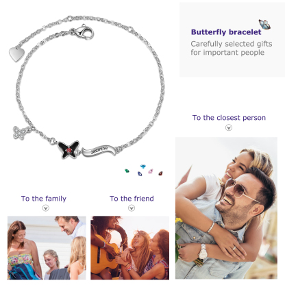 Personalised Butterfly Bracelet With 1 Birthstone Engrave Name Necklace Gift For Women-Jessemade AU