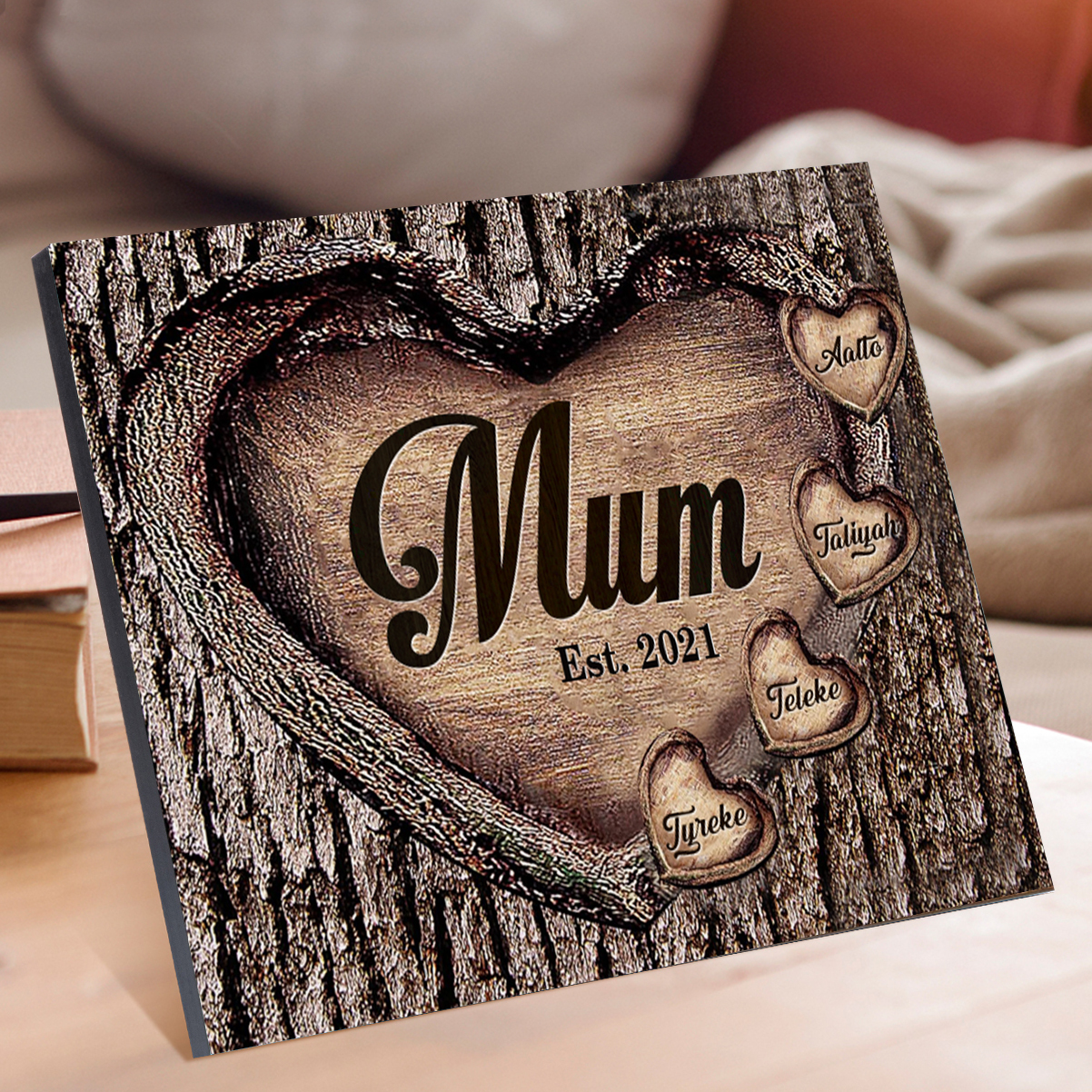 4 Names - Personalised Mum Wooden Plaque Custom Date & Names Home Decoration Hearts Gift for Mother-Jessemade AU