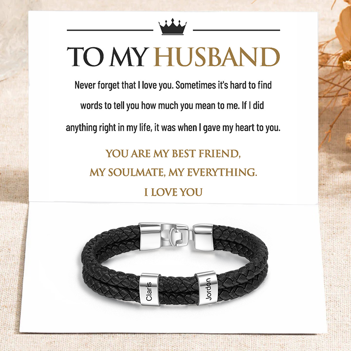 To My Husband Men's Leather Braided Bracelet Engraved 2 Names Bracelet Personalised Gift for Him-Jessemade AU