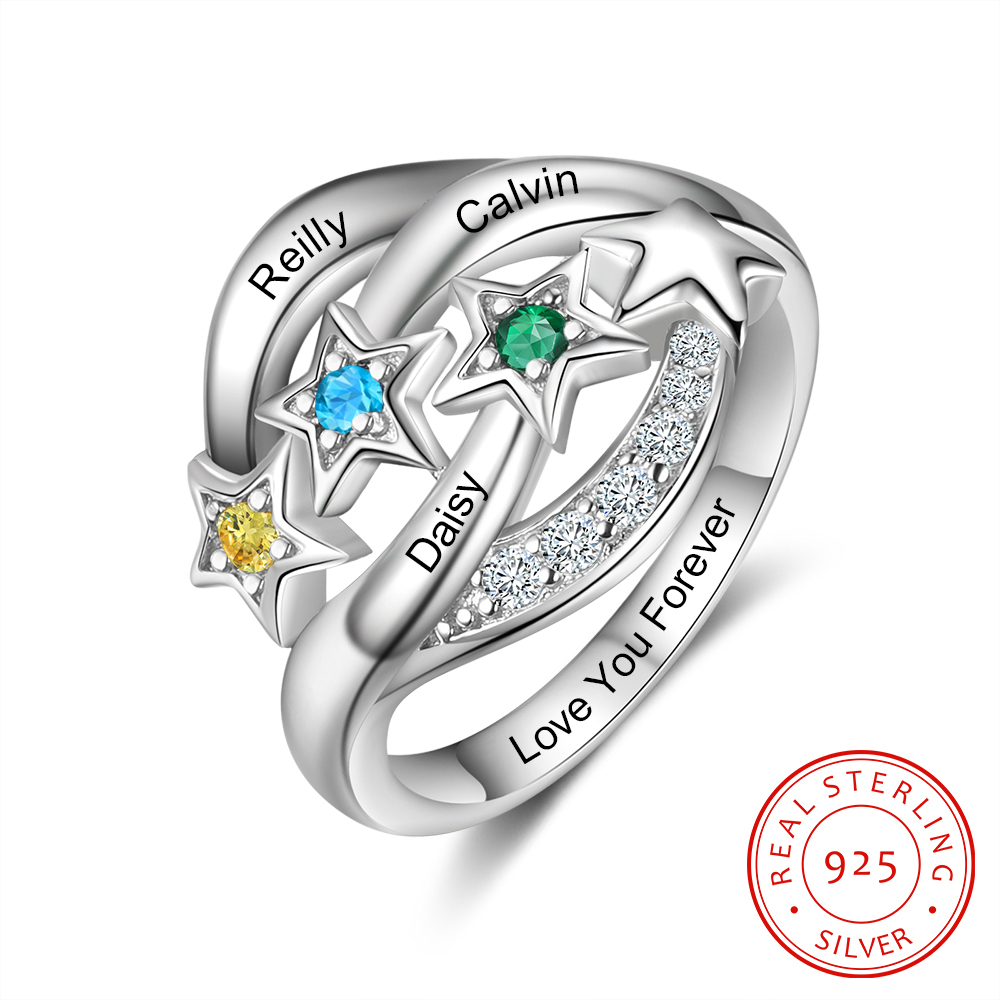 Personalised Star Ring With 3 Birthstones Engraved Names Ring Gift For Women-Jessemade AU