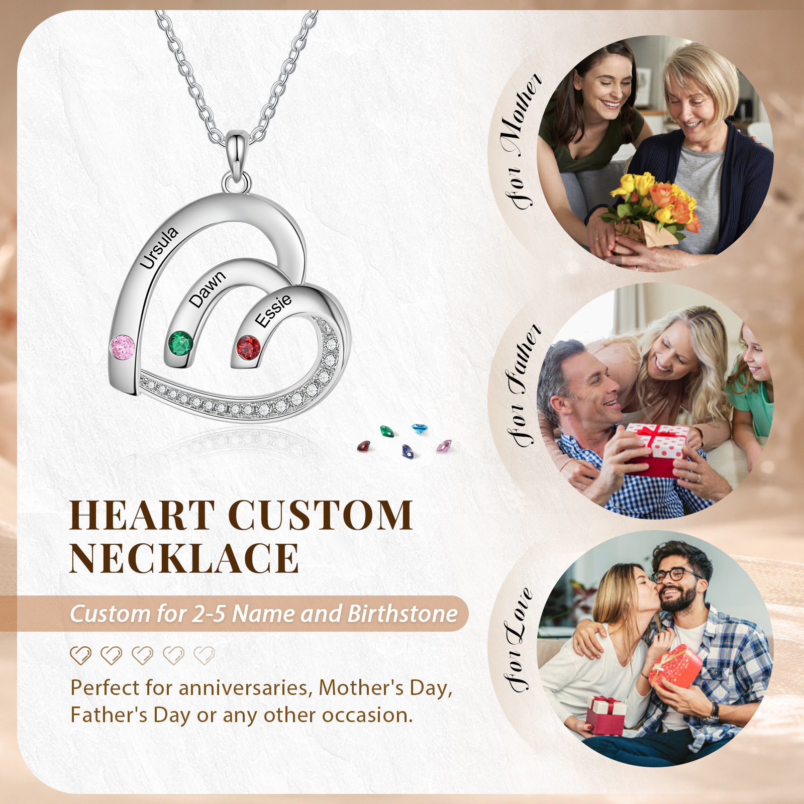 Personalised Heart Pendant Necklace Custom 3 Birthstones & 3 Names Necklace Gifts for Her-Jessemade AU