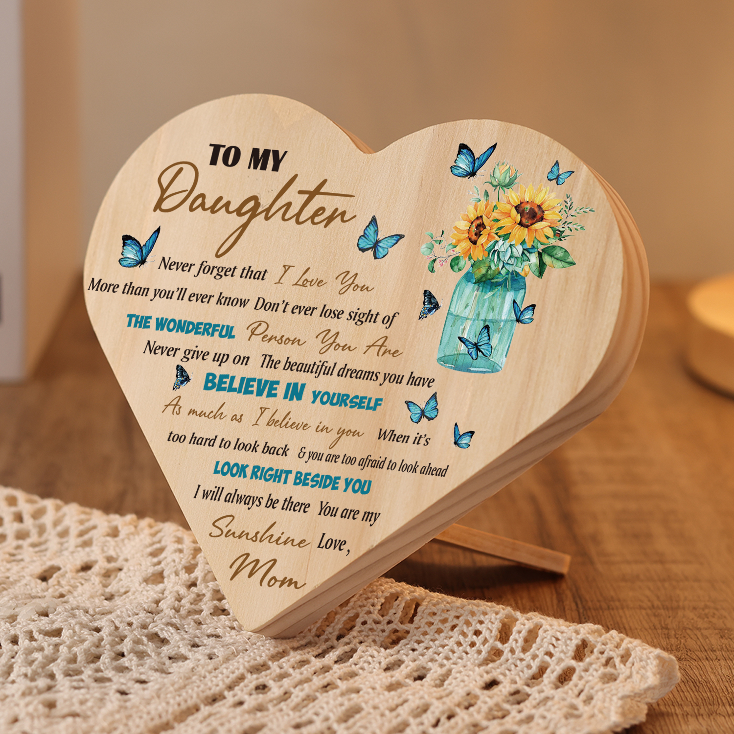 To My Daughter Wooden Heart Keepsake Desktop Ornament-Never forget that I Love You More than you'll ever know-Jessemade AU