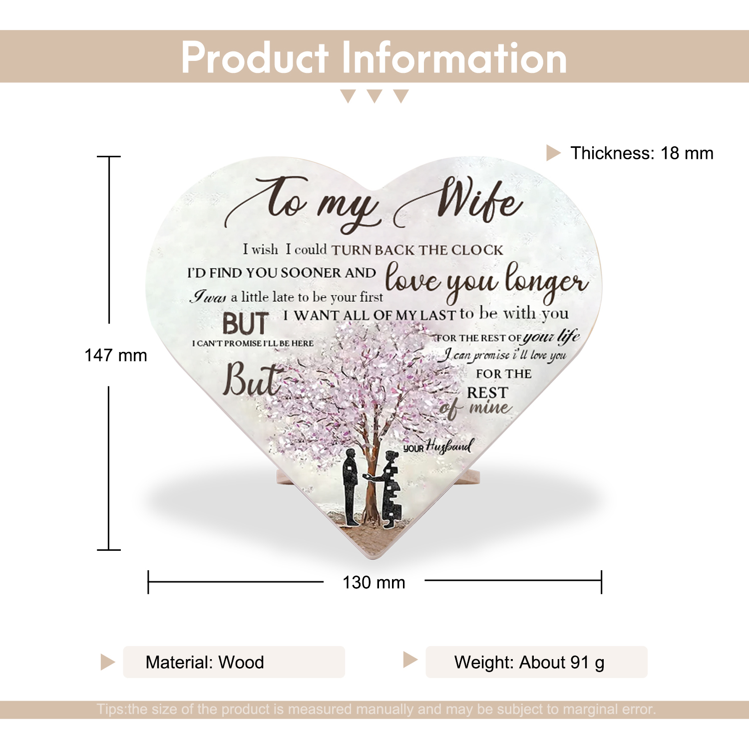 To My Wife Wooden Heart Keepsake Desktop Ornament "I'll Love You For The Rest of Mine"-Jessemade AU