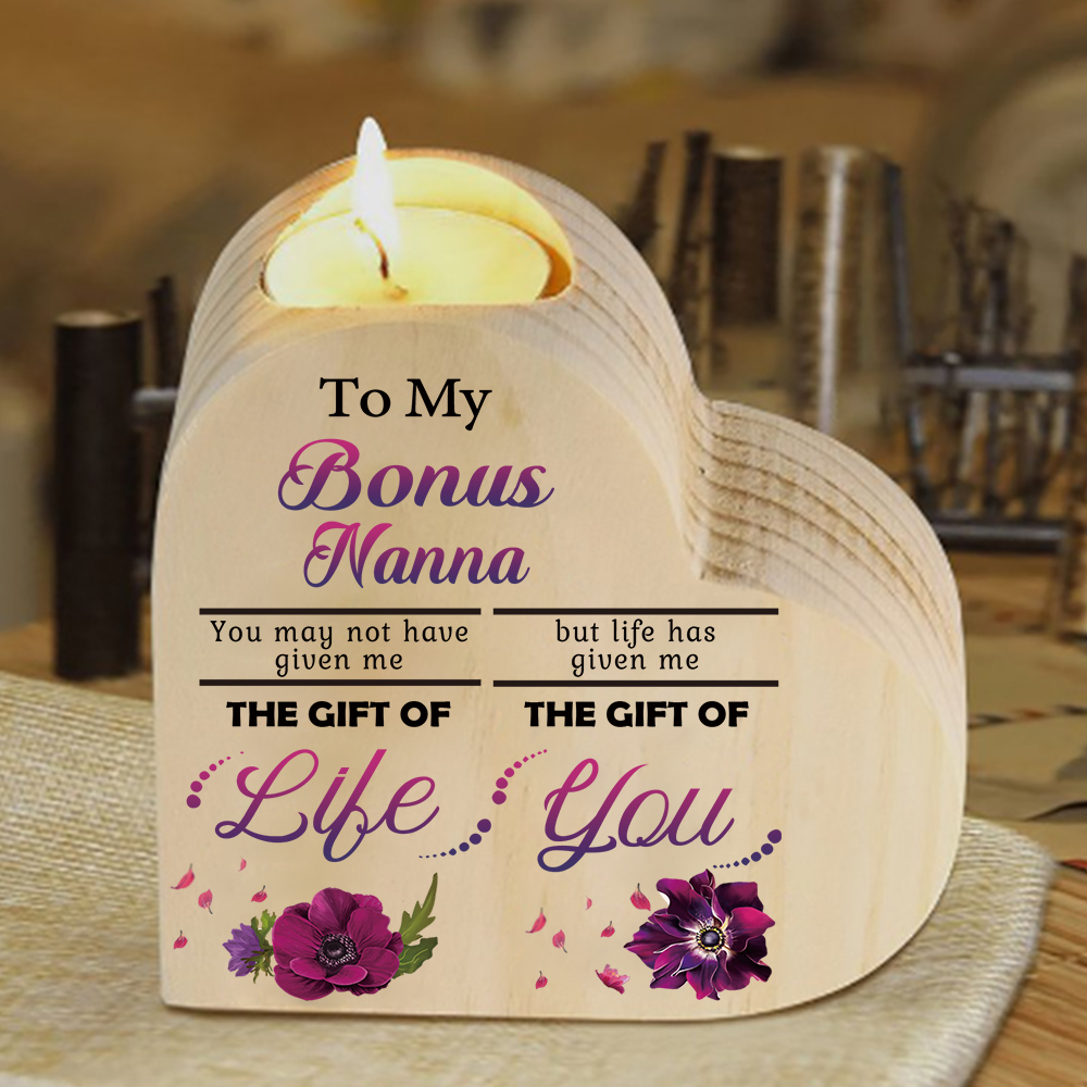 To My Bonus Nanny/Grandma/Nan Violets Heart Candlestick "Life Gave Me The Gift of You" Wooden Candle Holder-Jessemade AU