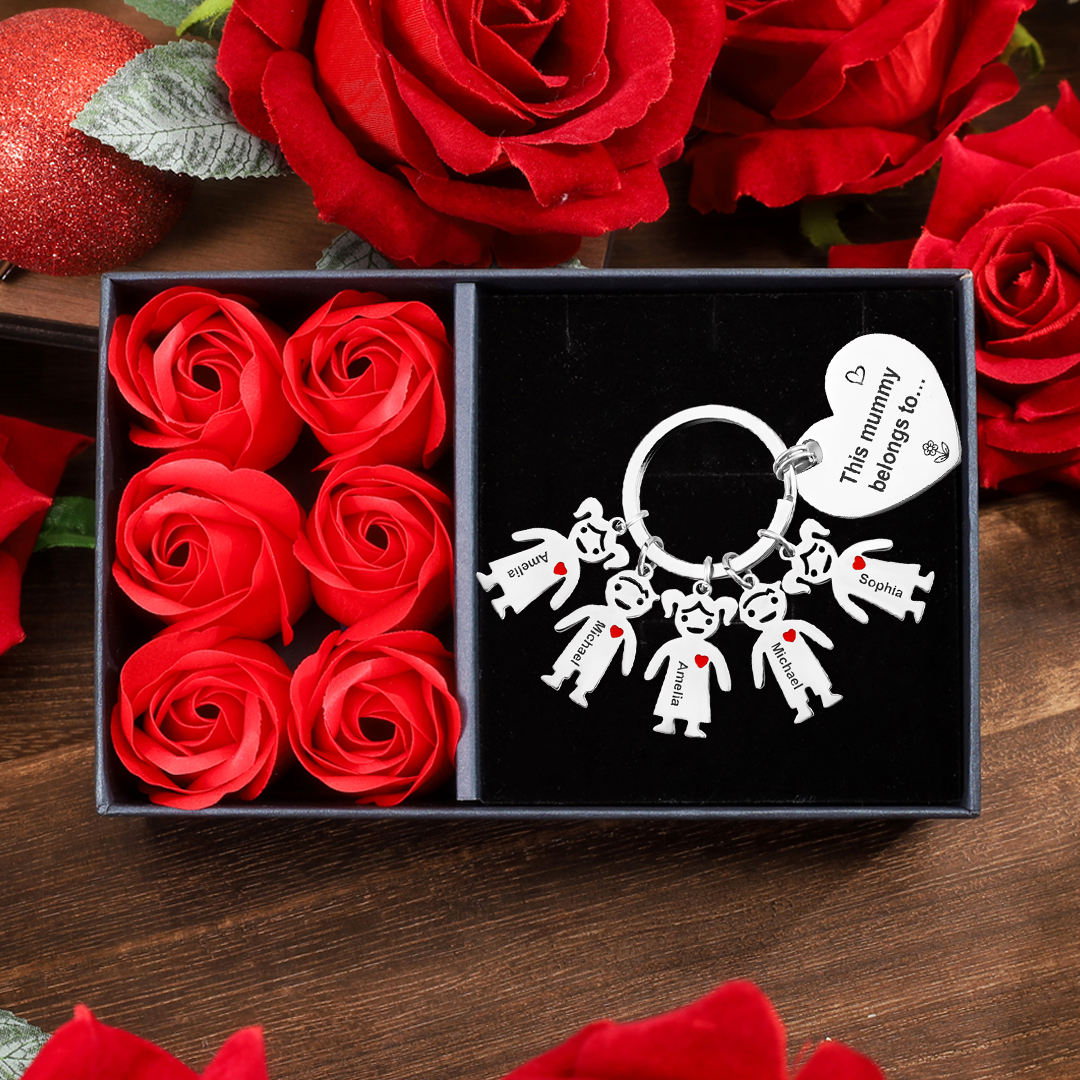 Personalised Heart Keychain With Engraved 5 Kid's Names Charms "This Mummy Belongs to" Mother's Day Gifts For Mum