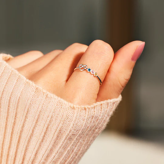Family Ring Personalised 4 Birthstones Heart Knot Ring Band-Jessemade AU