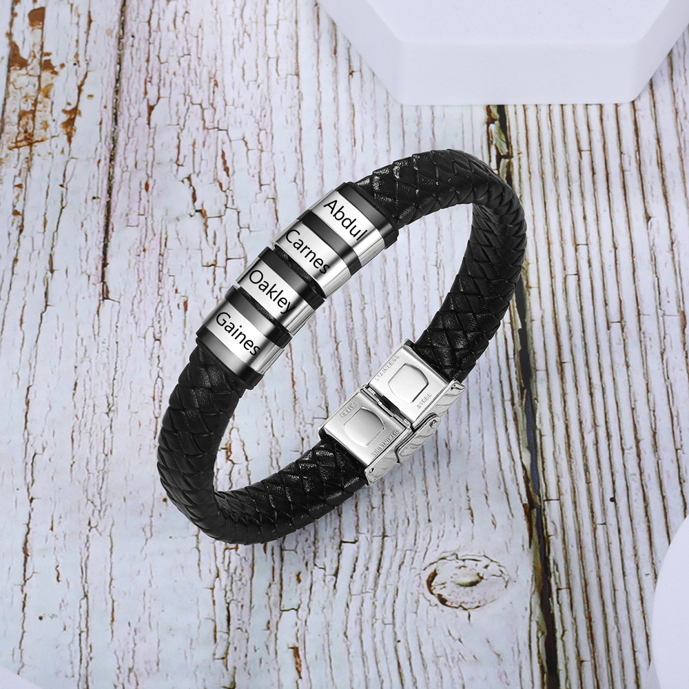 Men Leather Braided Bracelet Personalised with 4 Names 4 Beads Gift For Father's Day-Jessemade AU