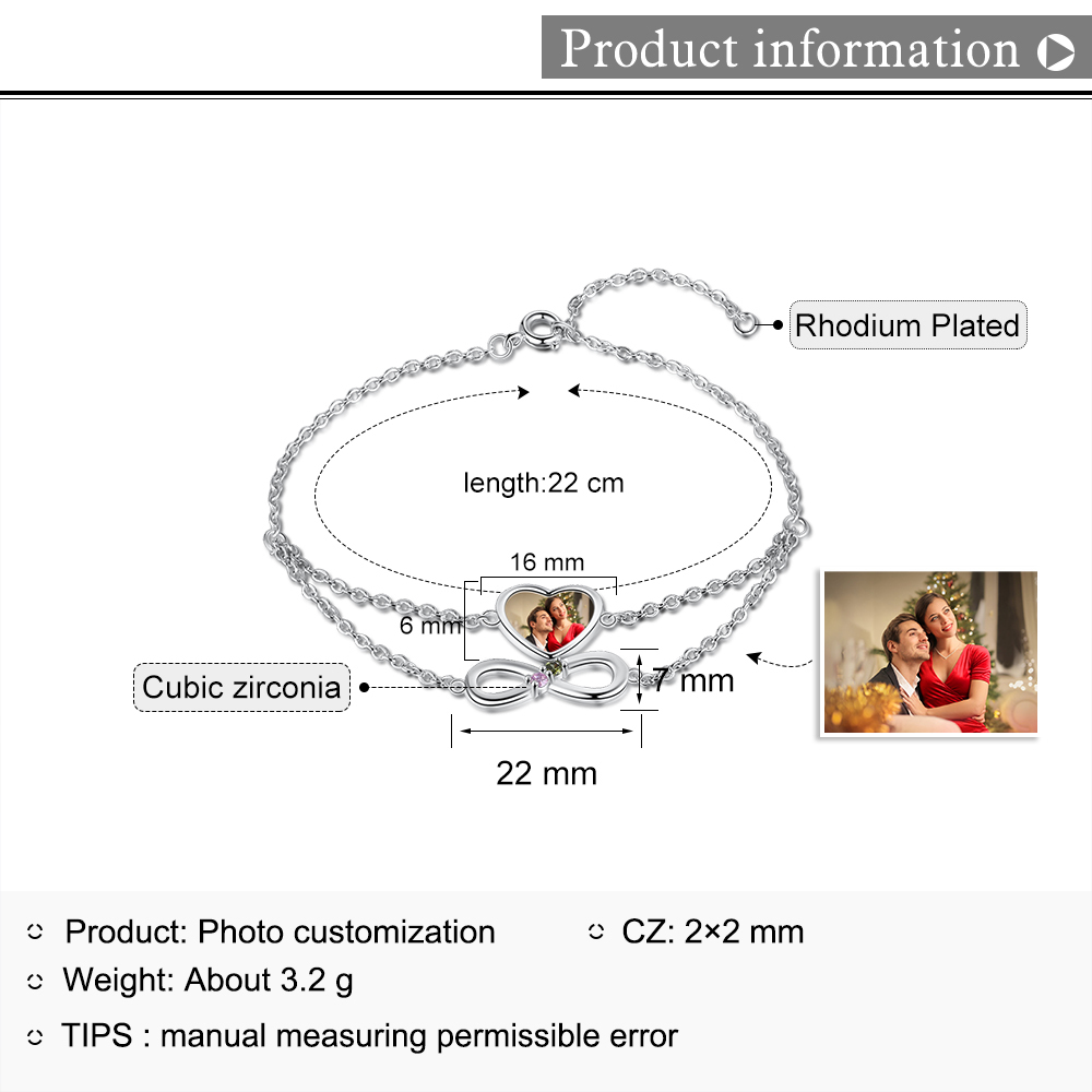 Personalised Heart Photo Bracelet With 2 Birthstones Custom Photo Bracelet Gifts For Her-Jessemade AU