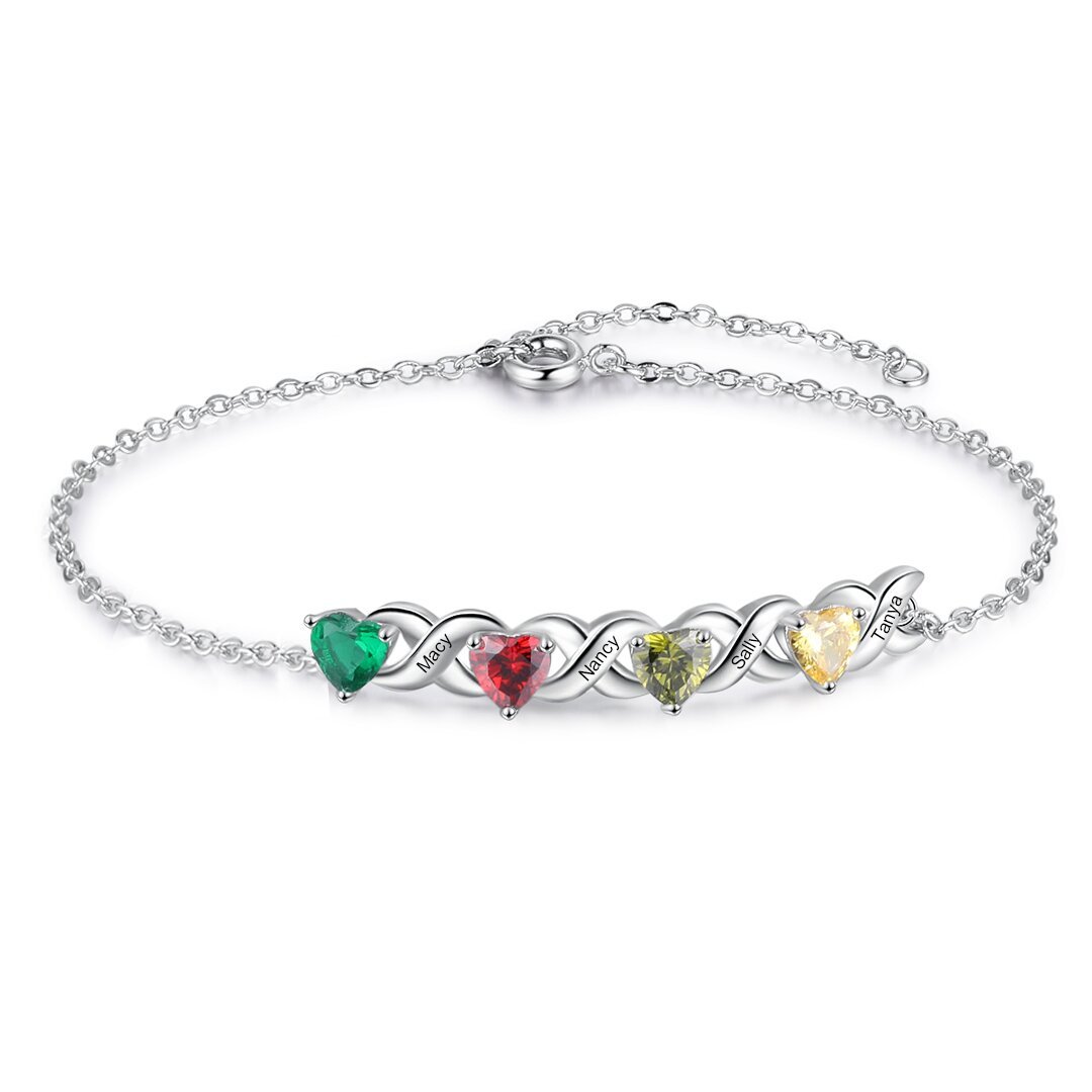 Family Custom Bracelet Heart Personalised with 4 Birthstones Gift Box Set-Jessemade AU