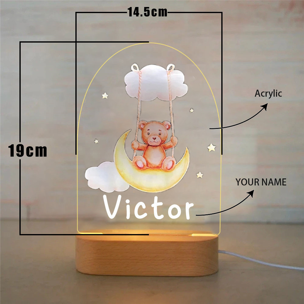 Personalised Bear and Moon Night Light Custom Name LED Lamp Baby Gift for Kids-Jessemade AU