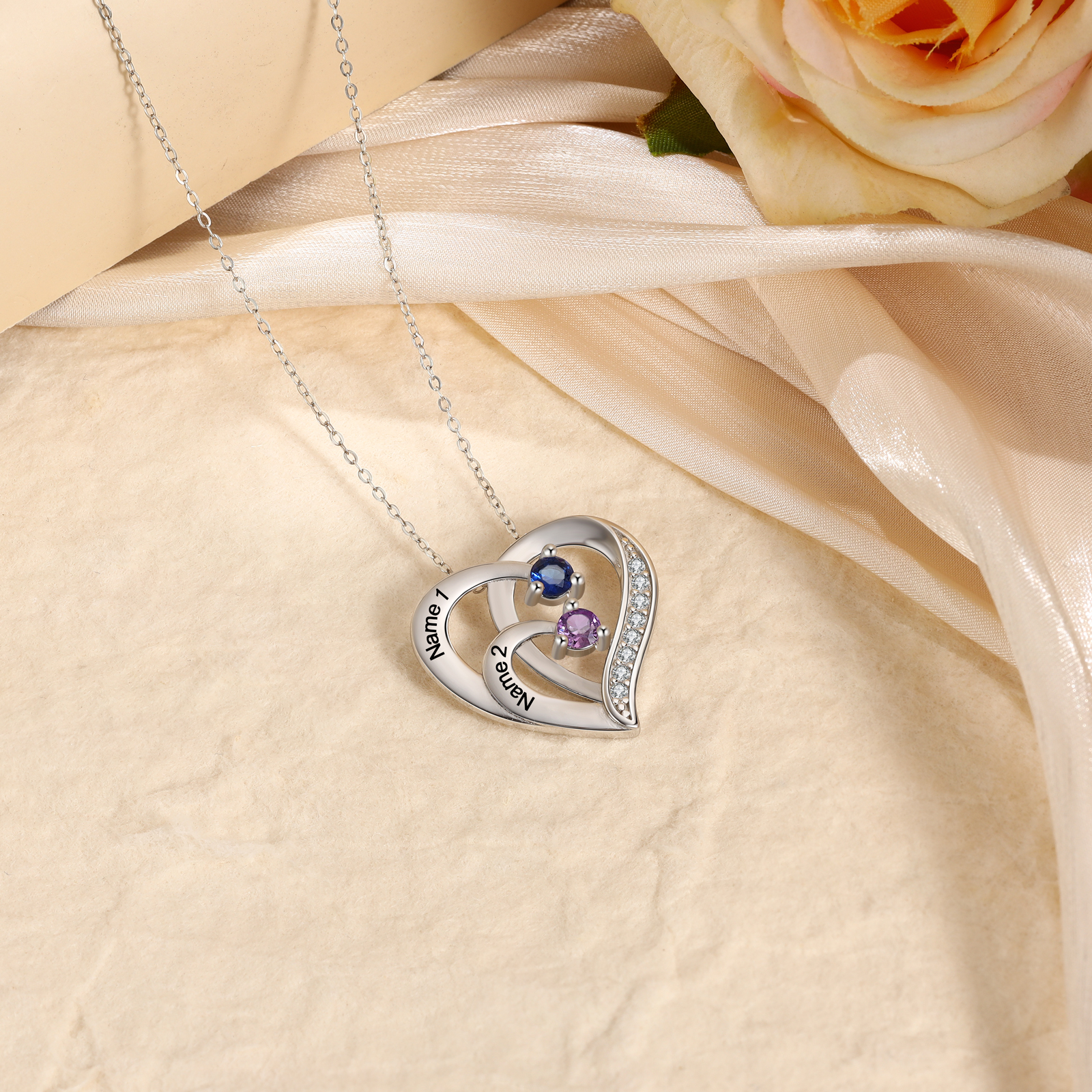 Personalised Mother Necklace Engraved 2 Names 2 Birthstone Intertwined Heart Pendant