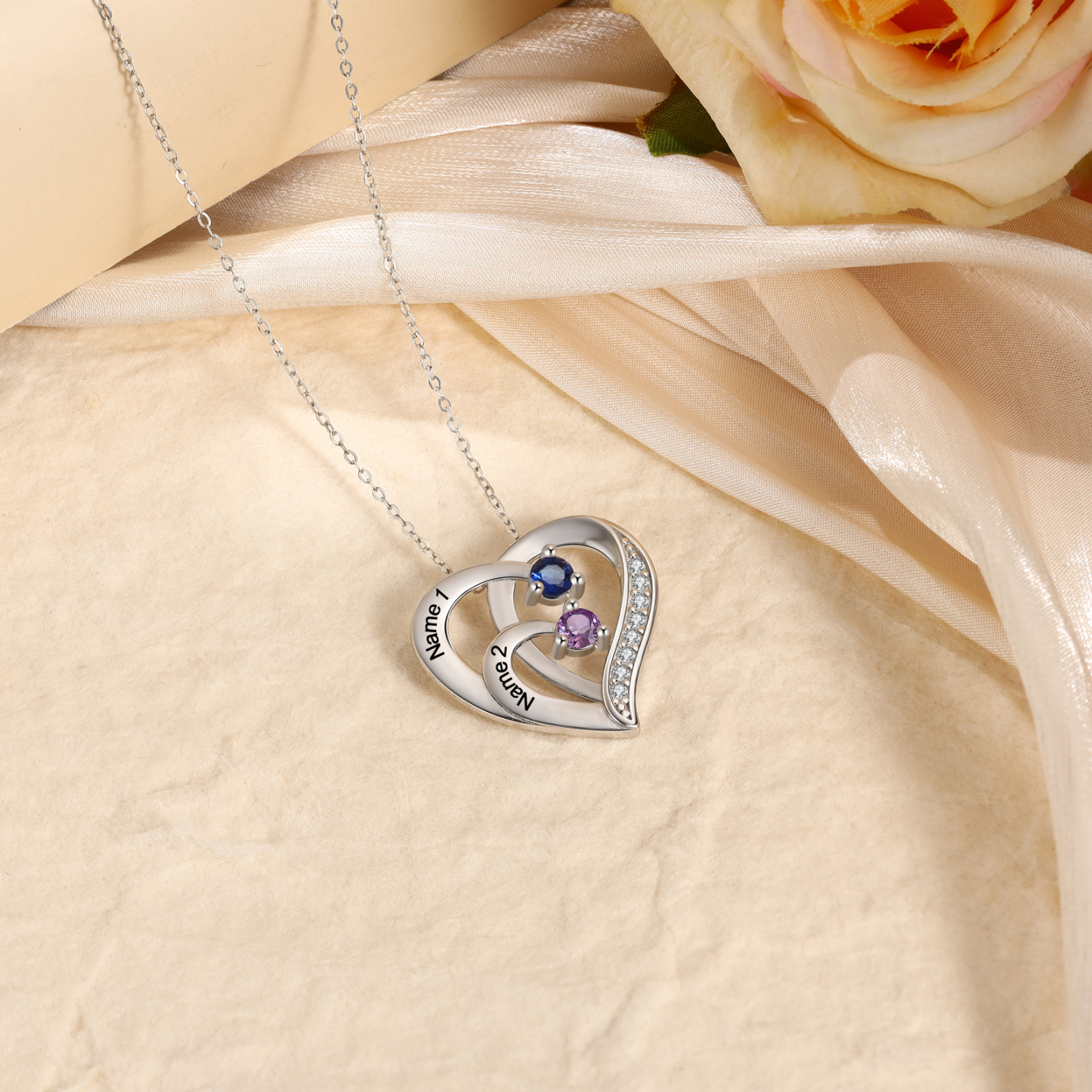 Personalised Mother Necklace Engraved 2 Names 2 Birthstone Intertwined Heart Pendant
