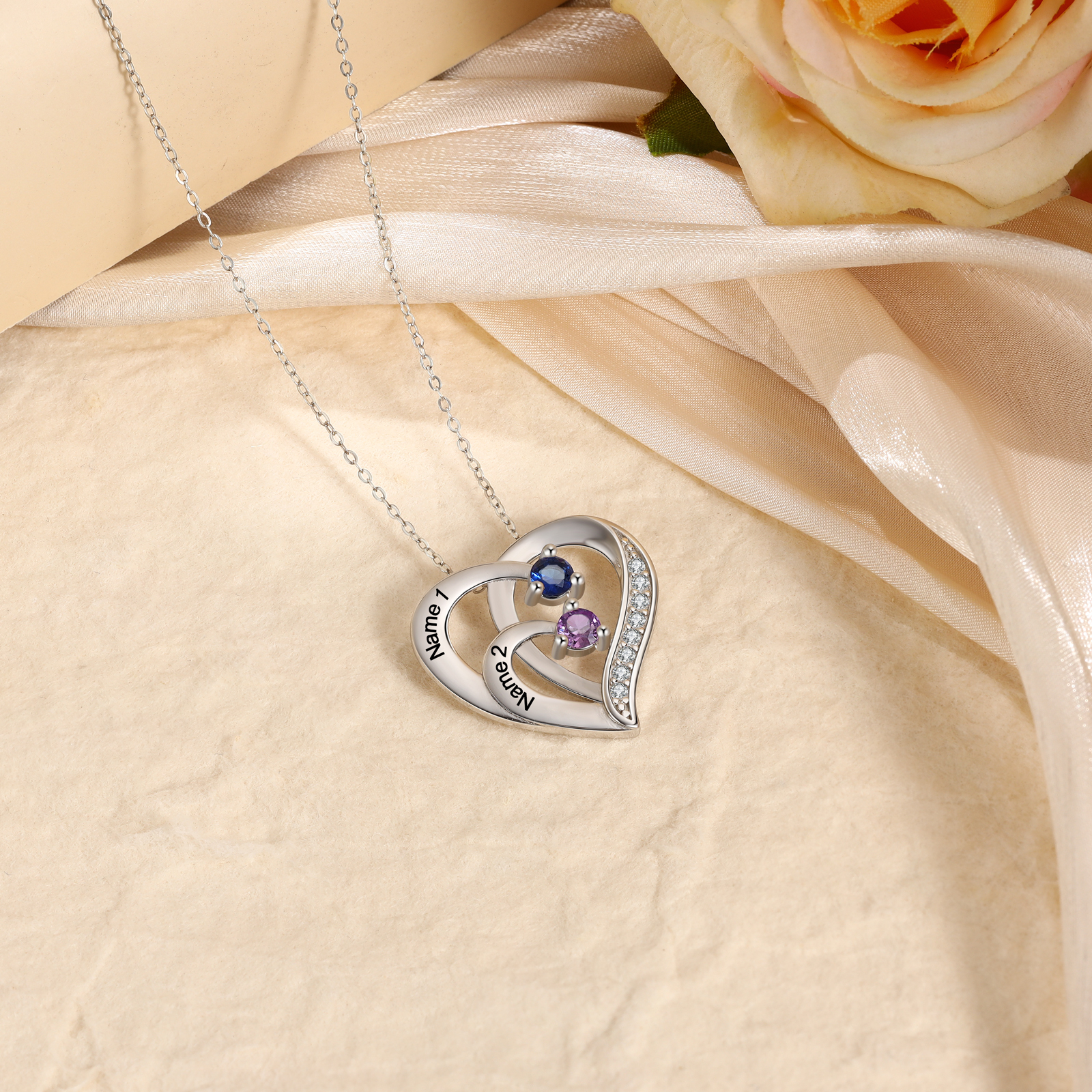 Personalised Mother Necklace Engraved 2 Names 2 Birthstone Intertwined Heart Pendant