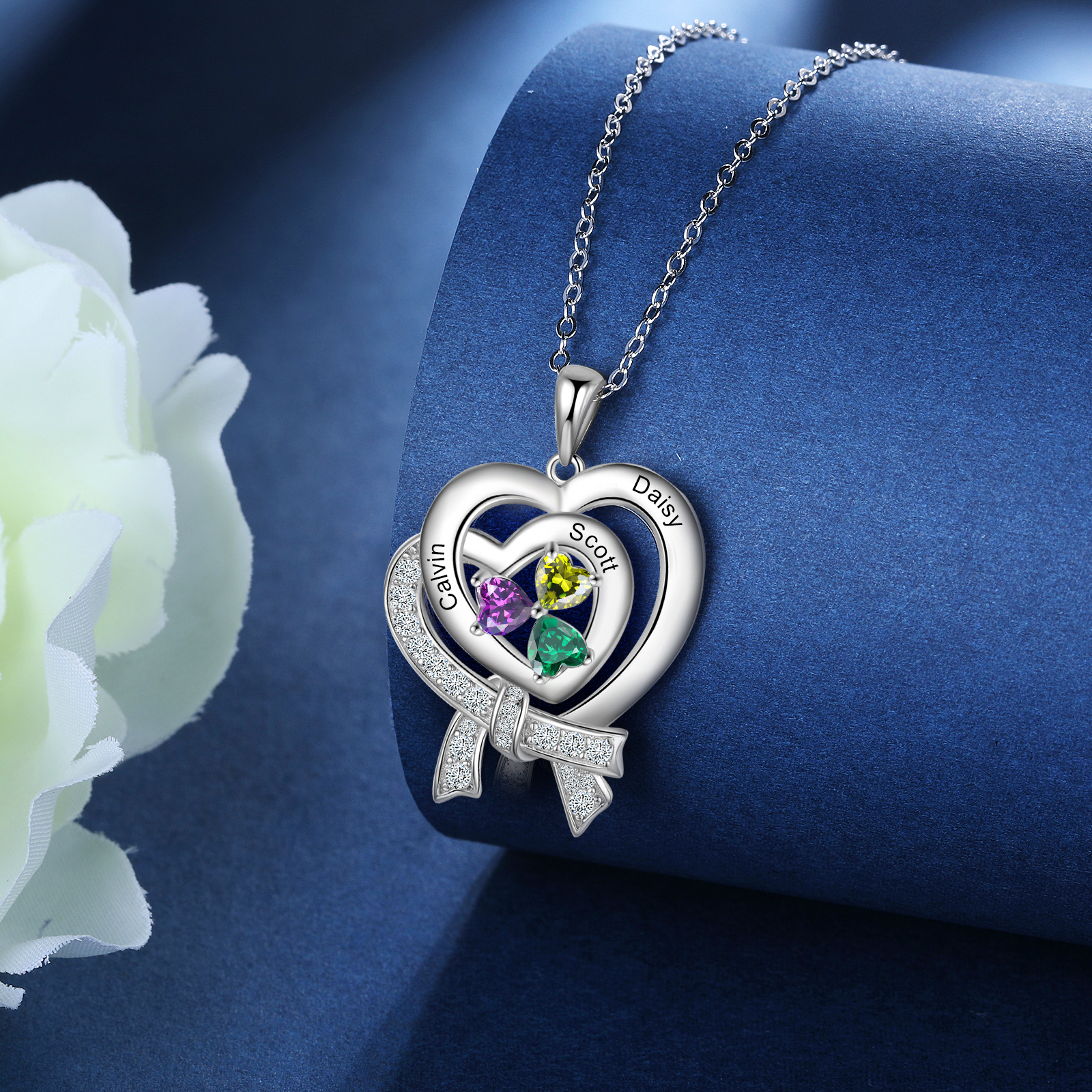 Personalised Heart Necklace With 3 Birthstones Custom Names Best Gift For Women-Jessemade AU