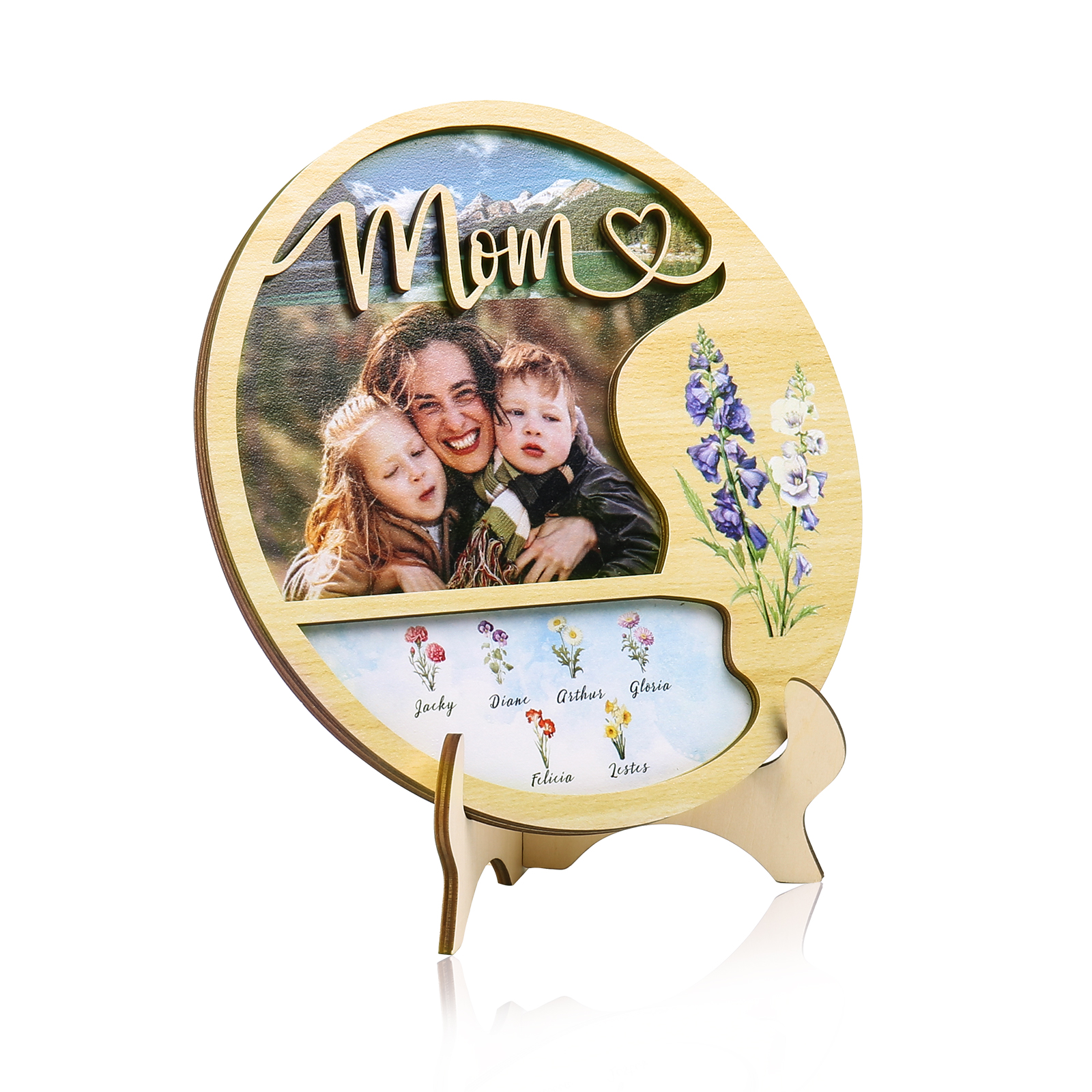 Personalised Photo & Text Wooden Plaque Custom 7 Birth Flowers & 6 Names Wooden Sign With Stand Gifts for Mum/Nana-Jessemade AU