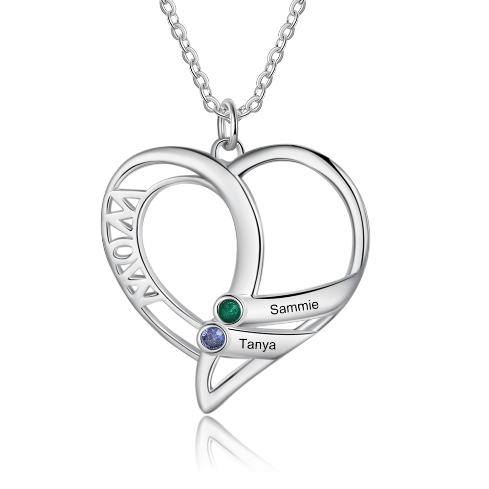 Personalised Heart Necklace With 2 Birthstones Engraved Names Gift For Mother-Jessemade AU