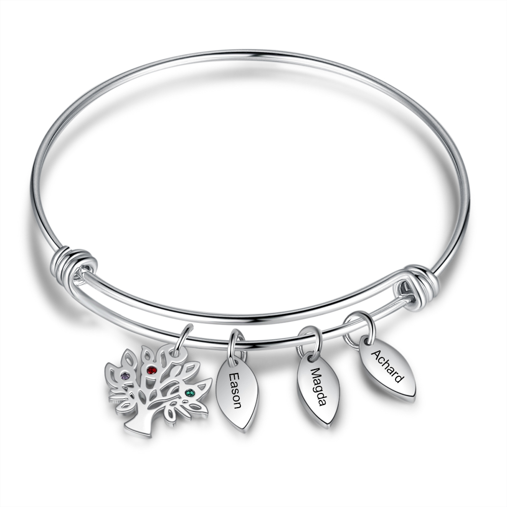 Personalised Family Tree Bracelet with 3 Birthstones Leaf Charms Bangle for Her-Jessemade AU